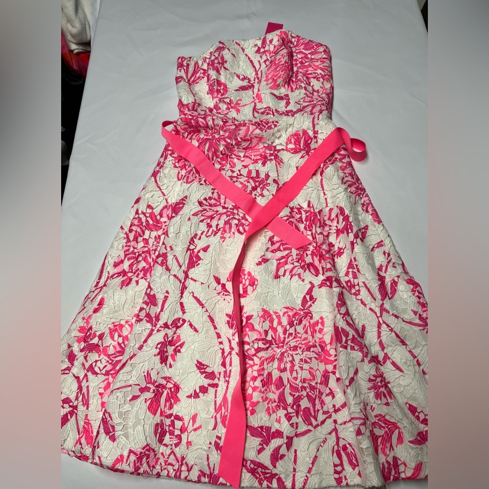 Lilly Pulitzer Sienna Strapless Dress Caliente Pink & White Lace Sz 00 NWT